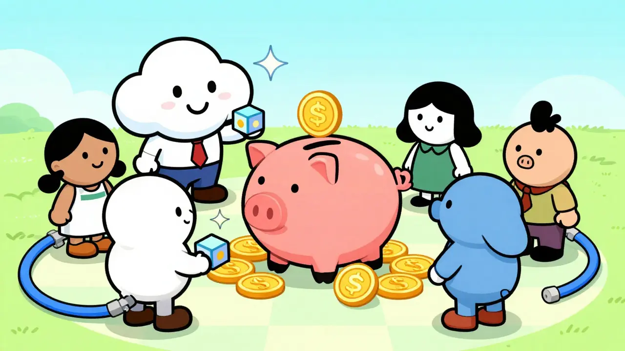 Whimsical illustration of data exchange for crypto rewards