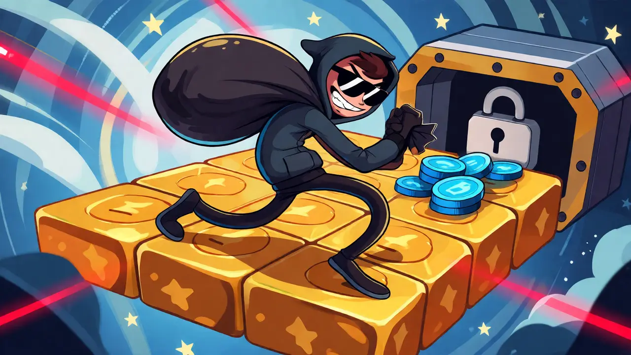 A cartoon thief stealing digital coins from a bank vault in a heist.