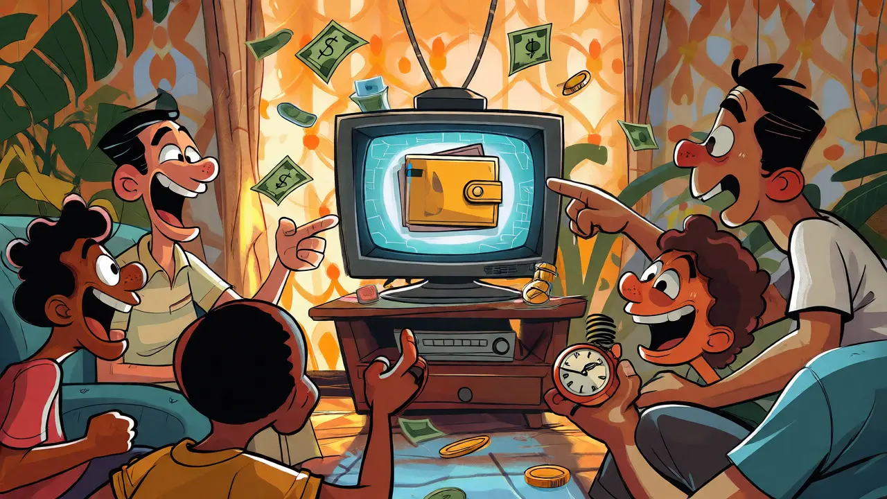 A Cuban family gathered around a TV displaying a digital wallet, sharing virtual money.