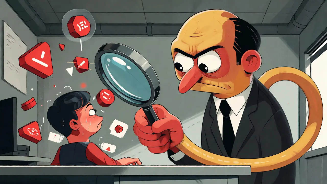 A giant regulator inspecting a small crypto exchange owner with a magnifying glass in rubber hose style.