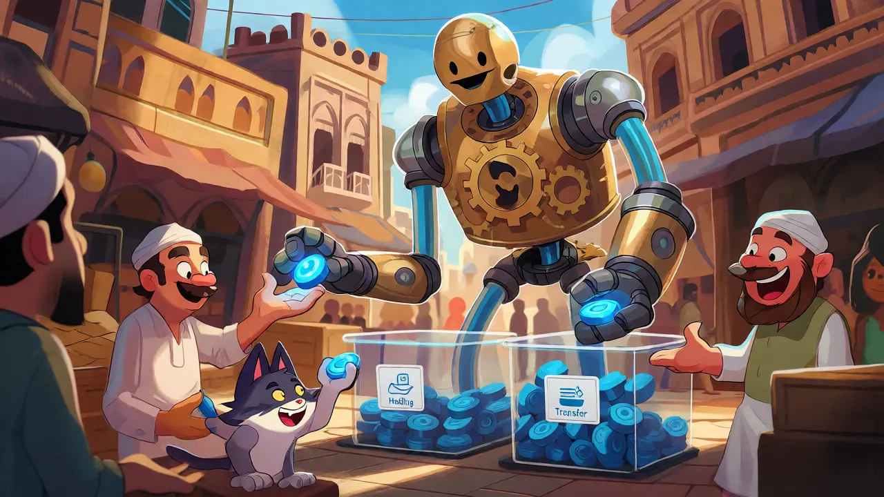 A giant robot regulator sorting digital assets in a stylized Pakistani marketplace.