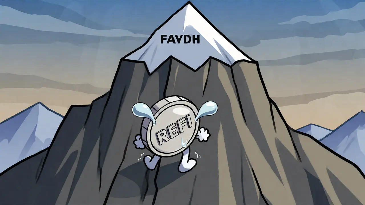 A tiny cartoon coin struggling to climb a steep, jagged mountain peak.