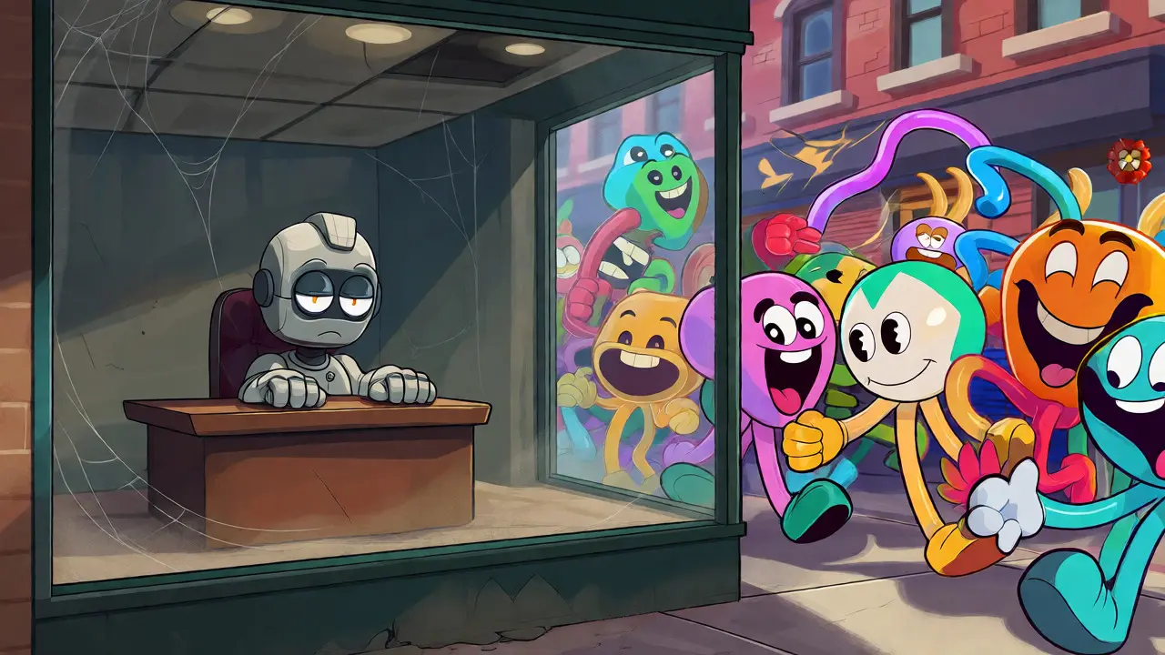 An empty cartoon shop while busy characters rush by outside.