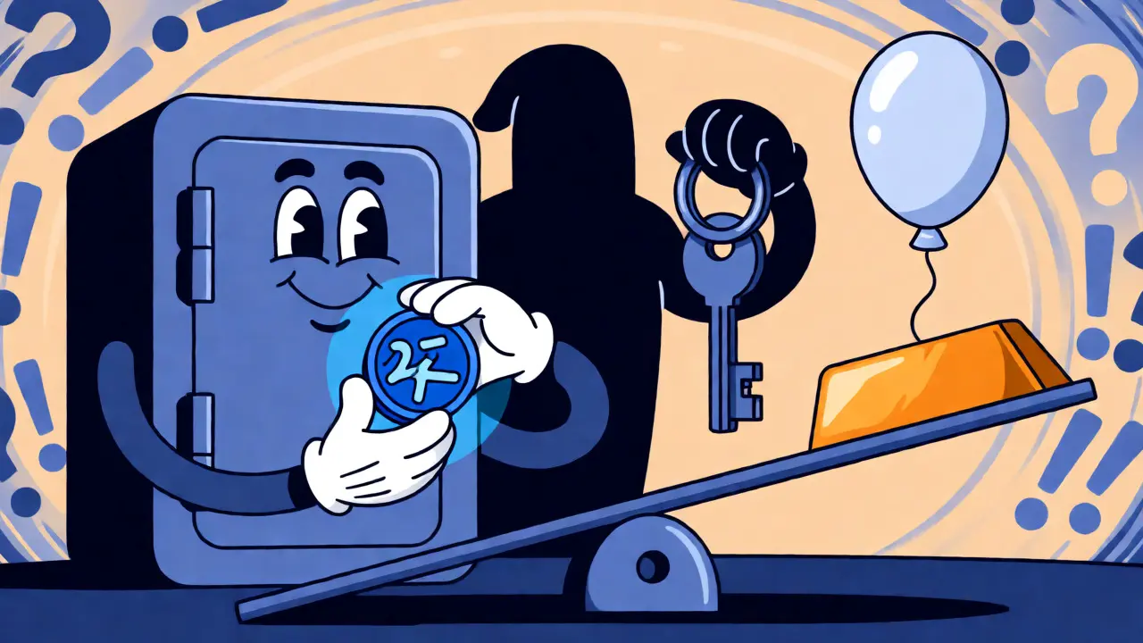 Animated illustration of a vault holding a token while balancing assets and risks on a seesaw.