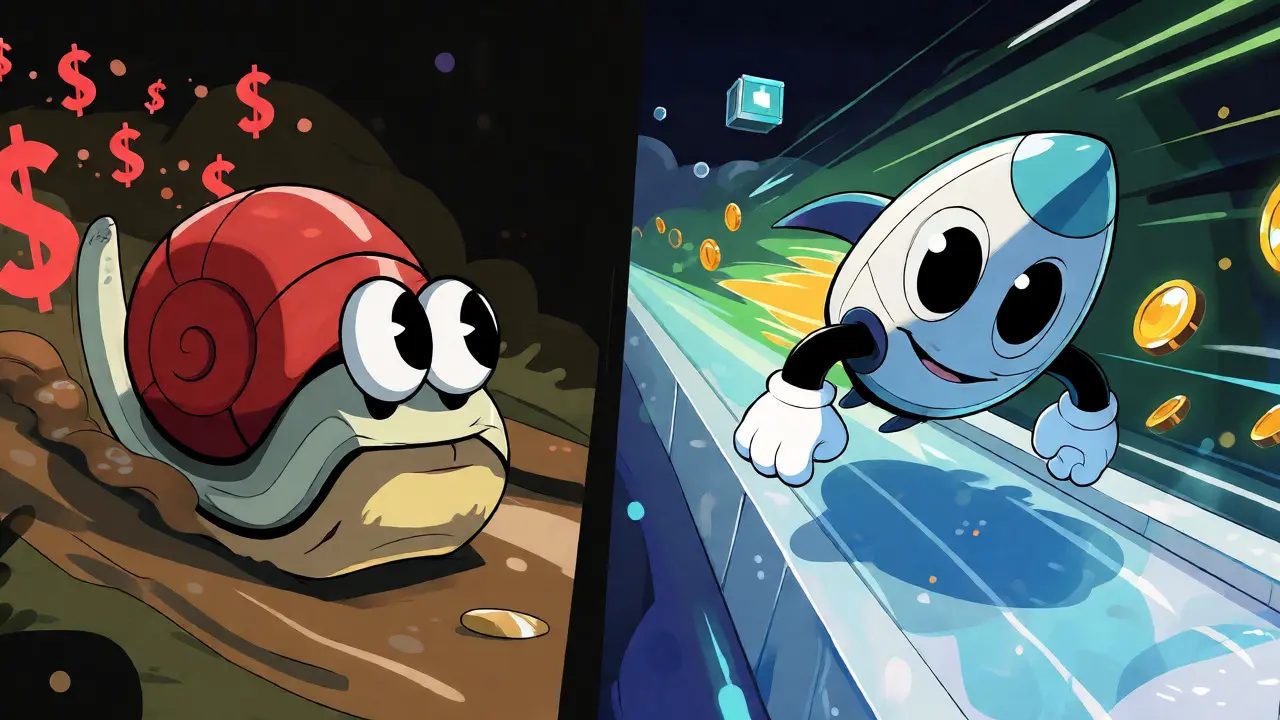 Animated rocket speeding past slow snail to show fast transactions