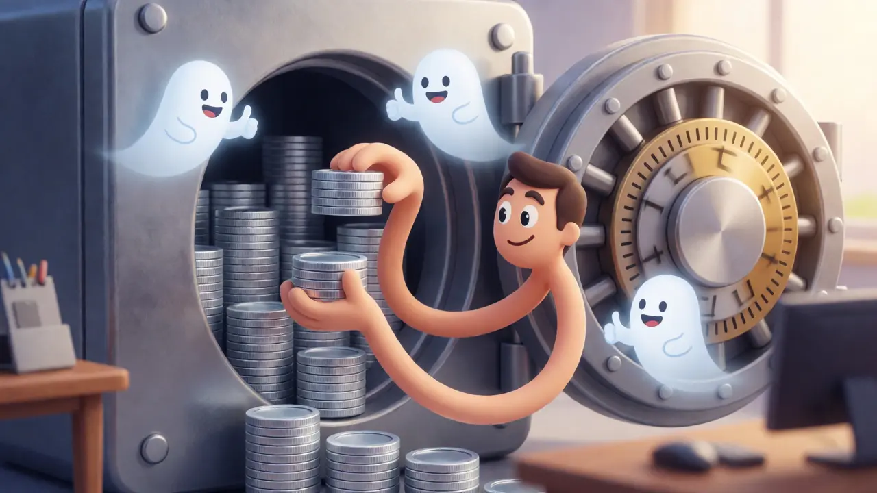 Banker places stablecoins into a vault guided by regulatory spirits.