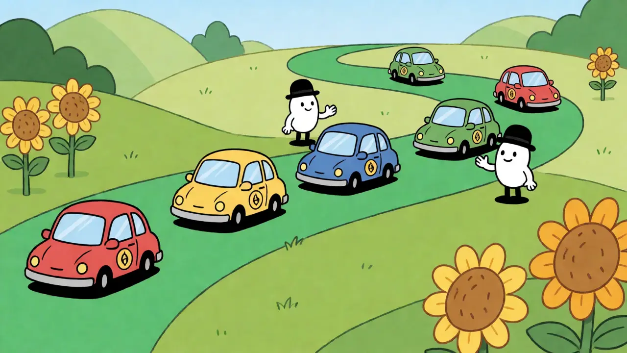 Cartoon cars driving freely on a highway without toll booths, symbolizing zero fees.