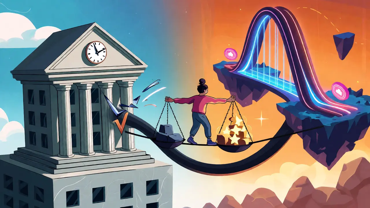 Cartoon character balancing between traditional banks and DeFi