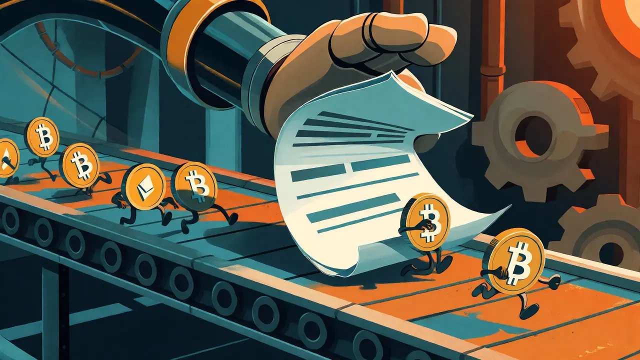 Cartoon depiction of Form 1099-DA documents overwhelming fleeing crypto coins.