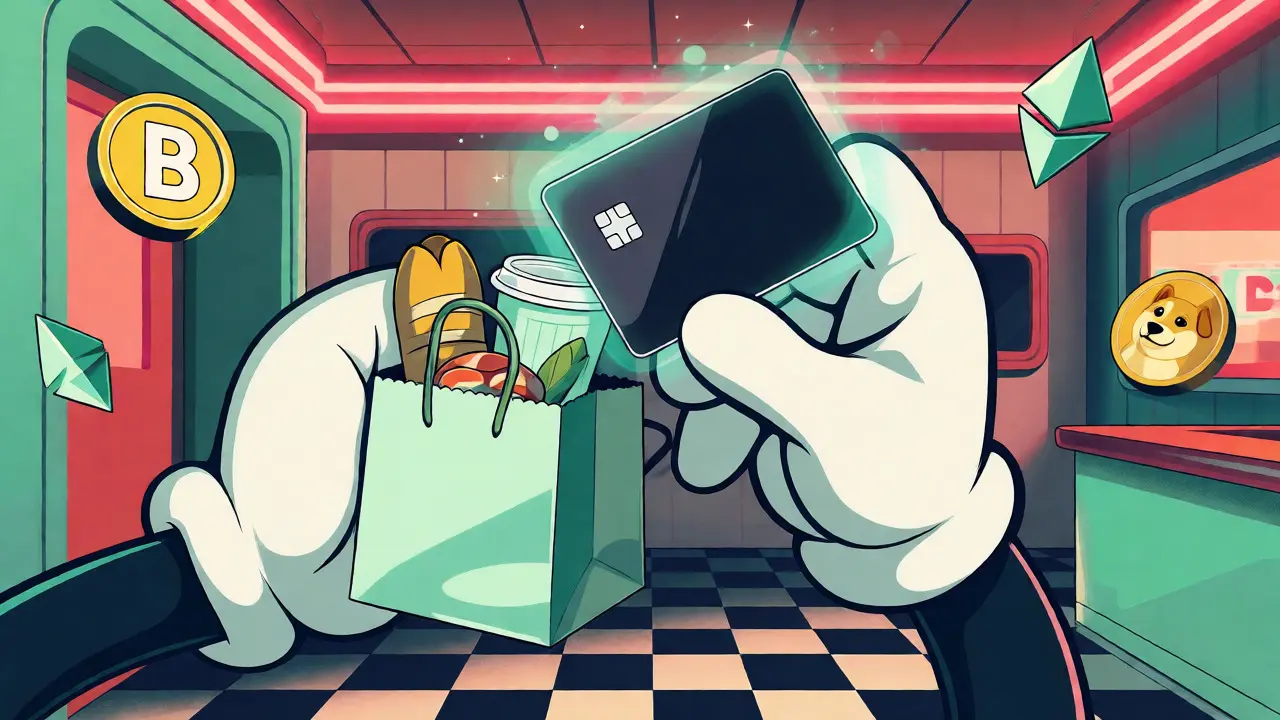 Cartoon hand holding a glowing debit card transforming into shopping goods