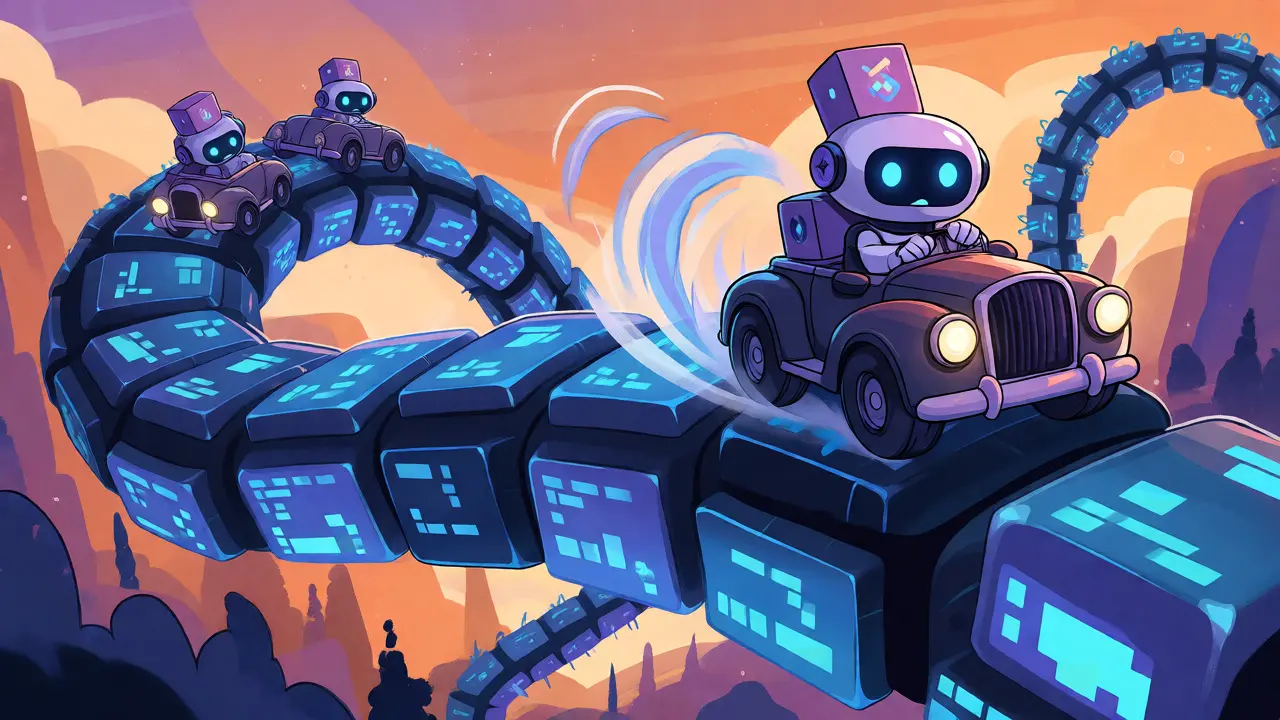 Cartoon robots driving on a digital highway representing the Avalanche Subnet network.