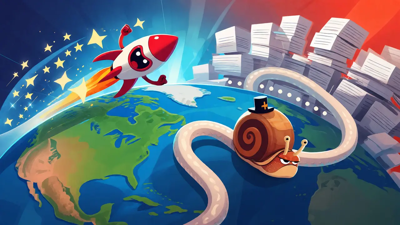 Cartoon rocket racing across a globe while a snail with a banker hat struggles with money.