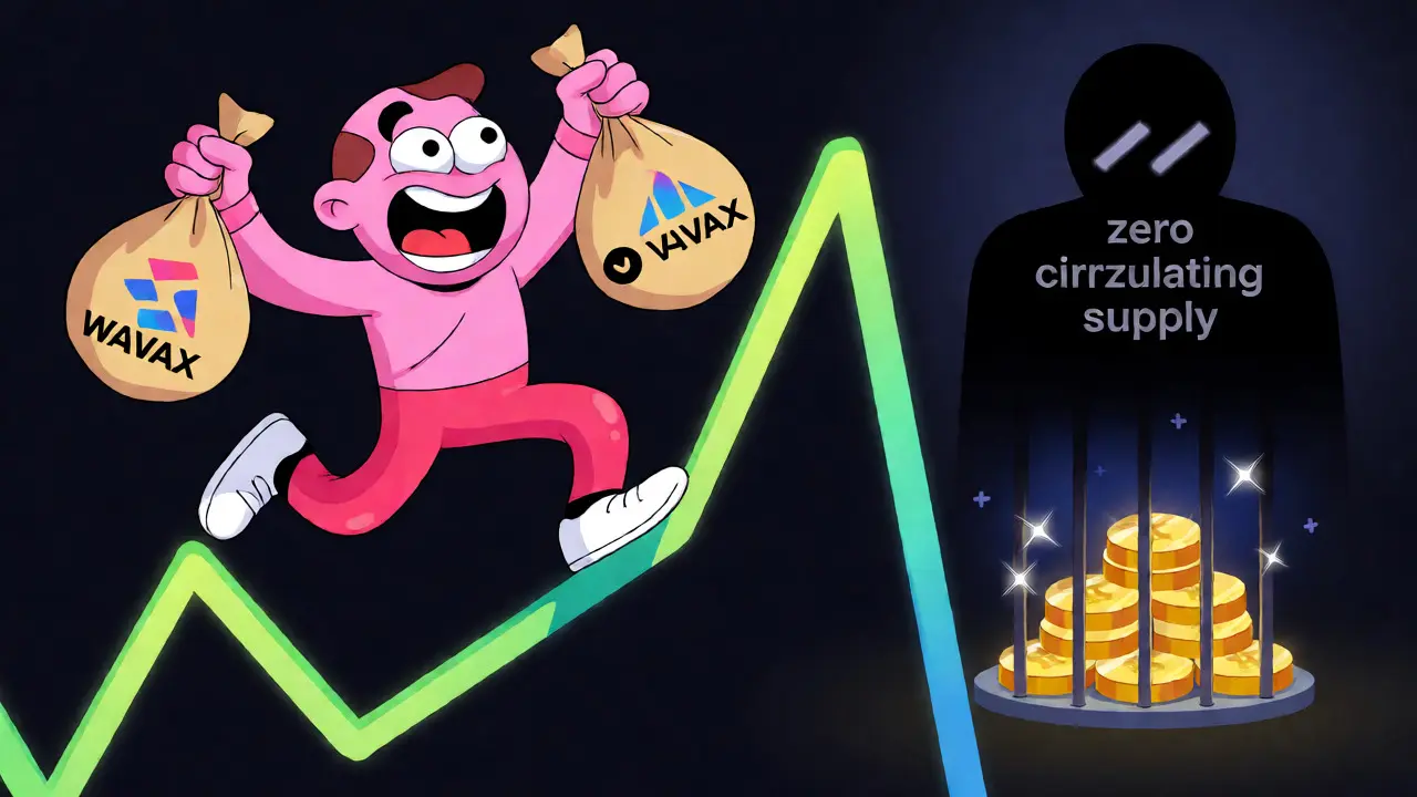 Cartoon trader balancing token bags on a volatile price chart rollercoaster.