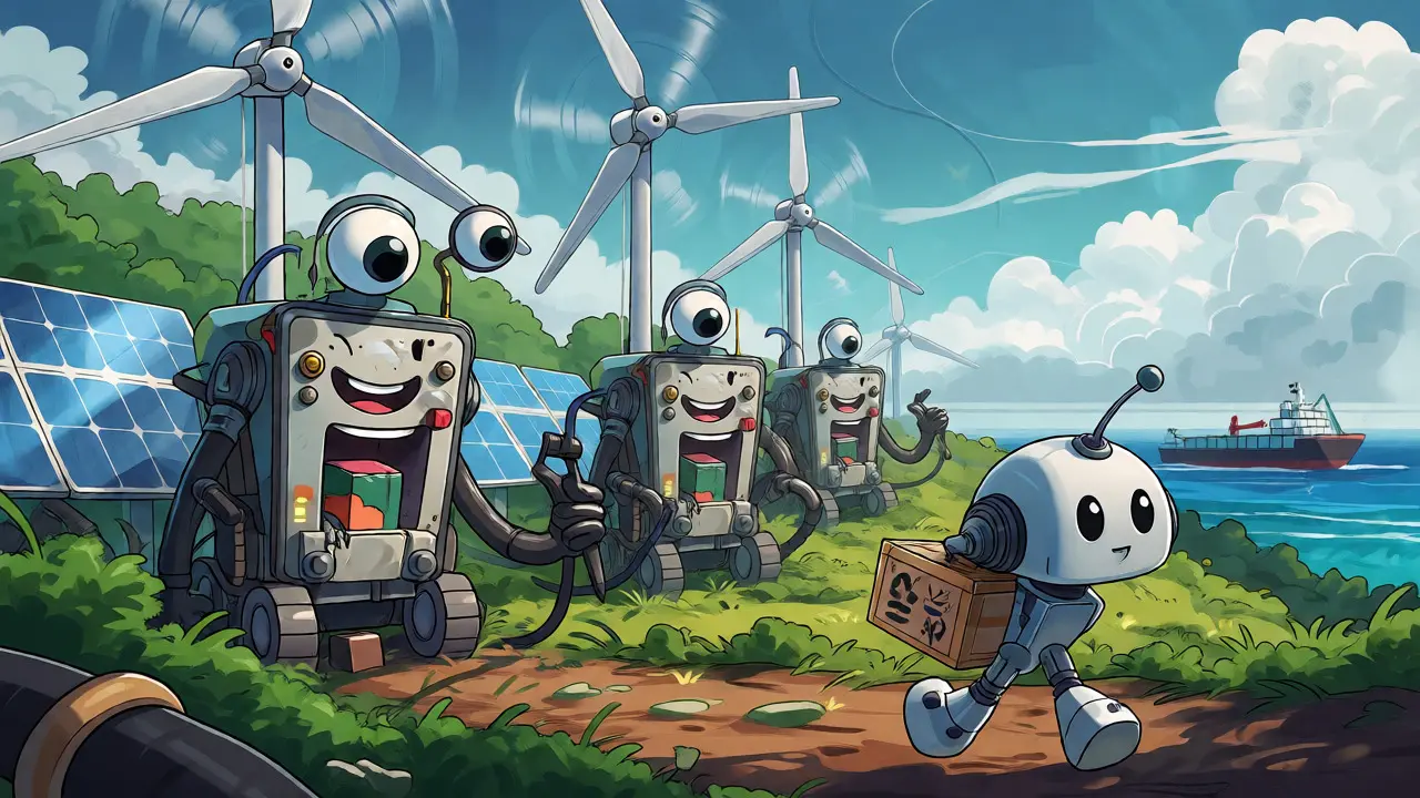 Cartoonish solar-powered mining rigs with faces operating on a sunny hillside near the sea.