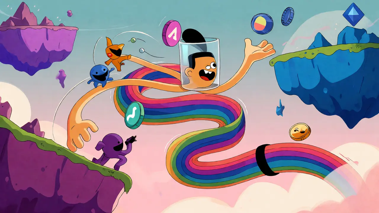 Character using rainbow slide to swap tokens across chains