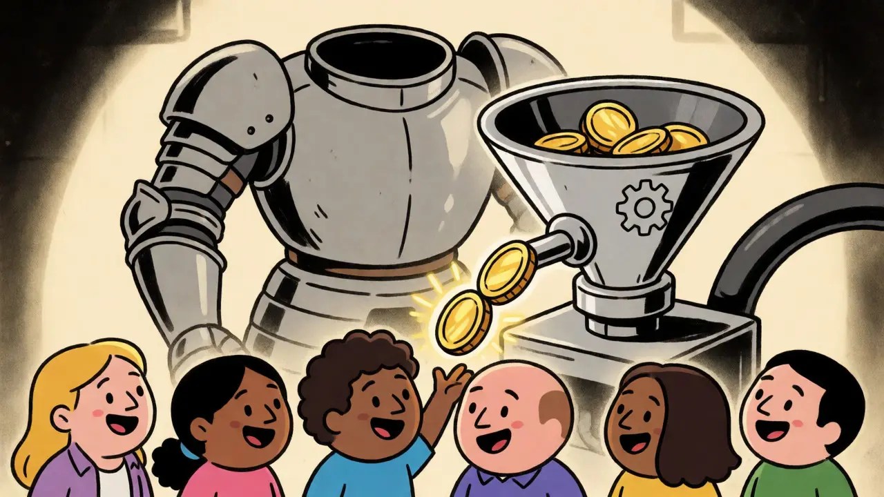 Community members feeding coins into a treasury funnel while an empty suit watches
