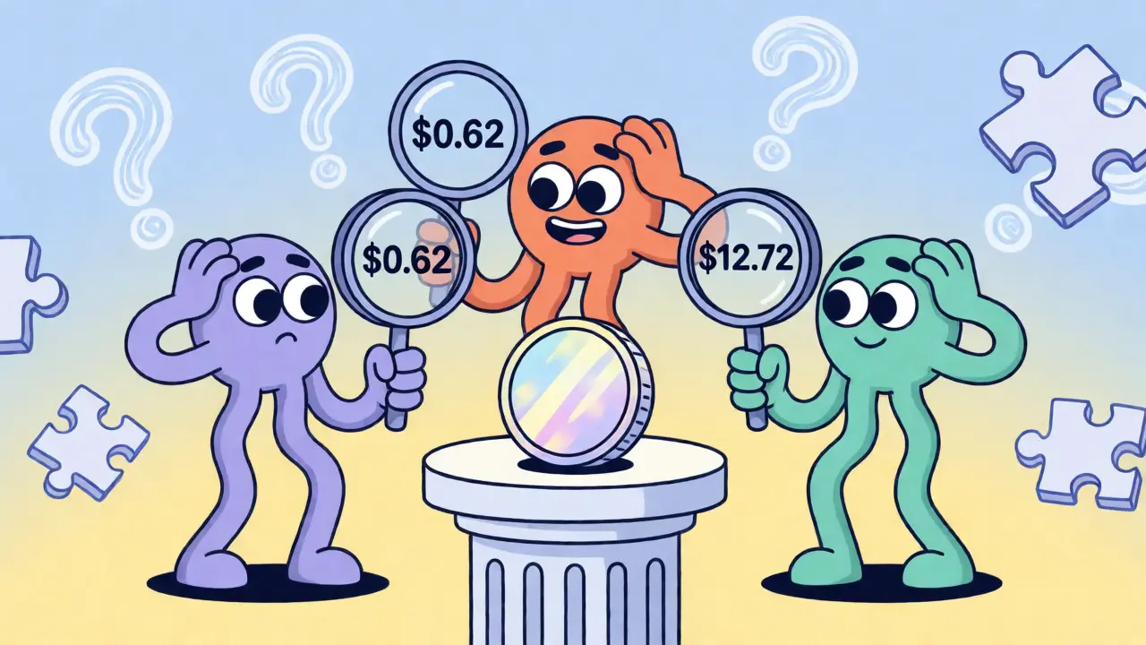 Confused cartoon characters examining conflicting price data for a crypto token