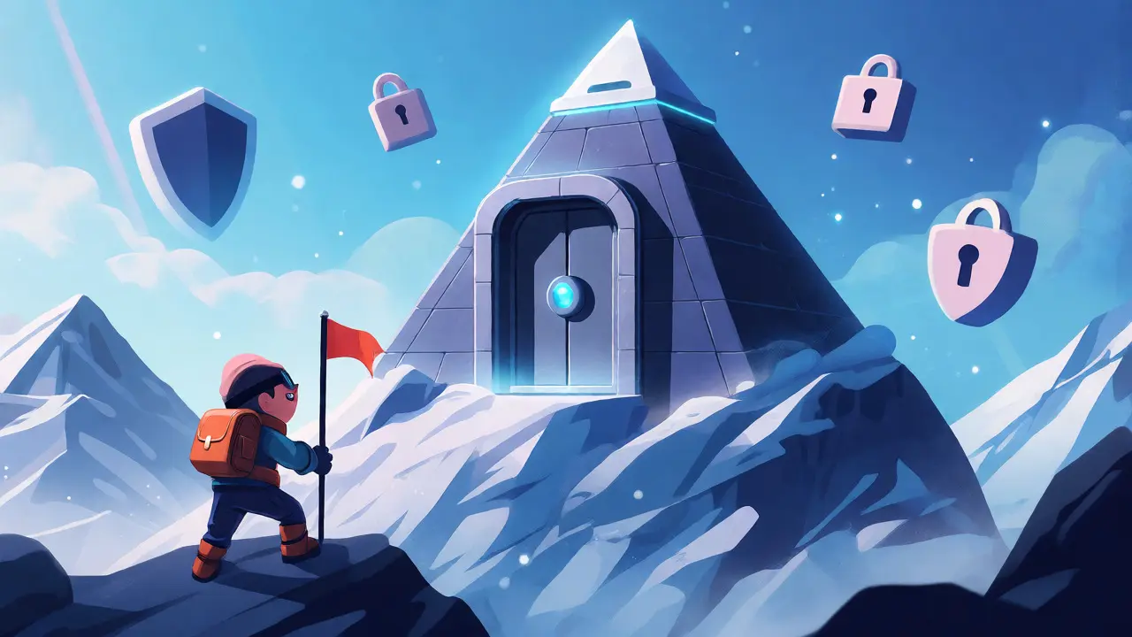 Explorer planting a flag near a pyramid-shaped vault on a snowy mountain.