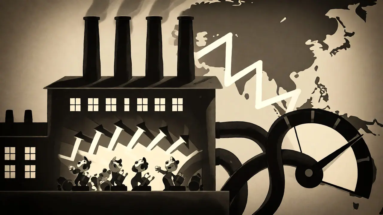 Factory losing power and a gauge dropping to depict the China mining ban impact.