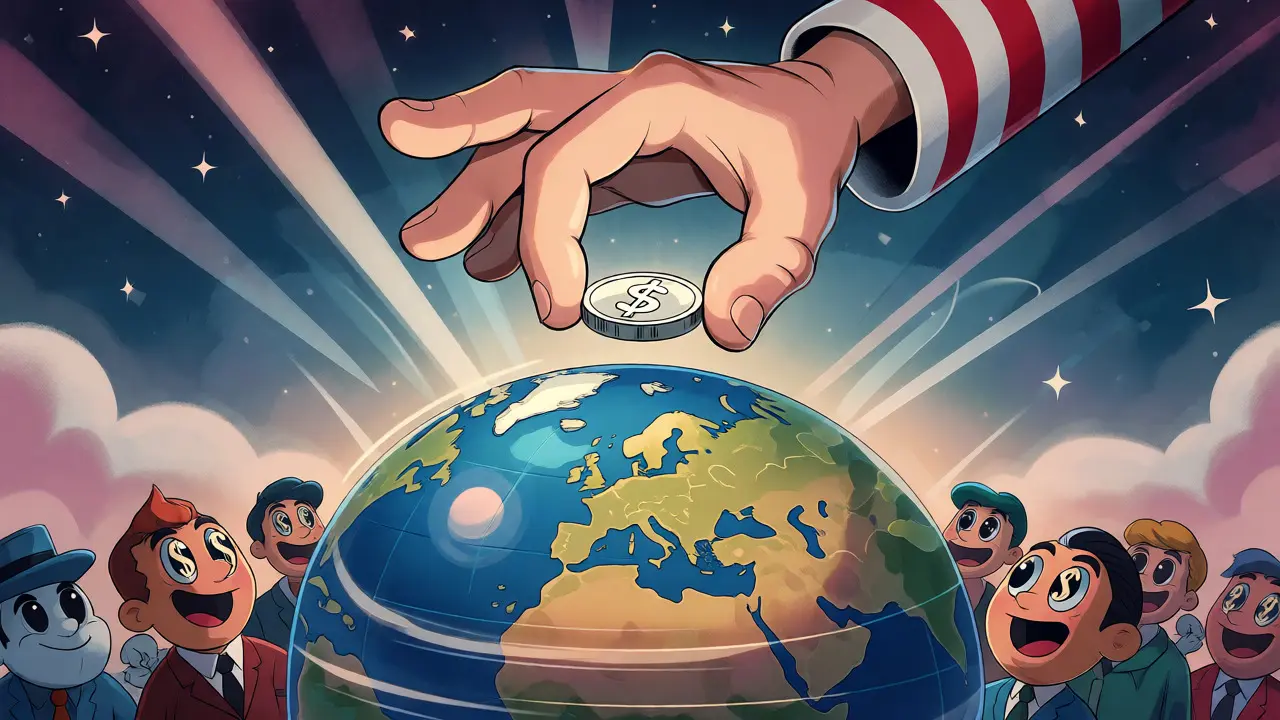 Giant hand placing a trusted coin on a globe surrounded by admiring international figures.