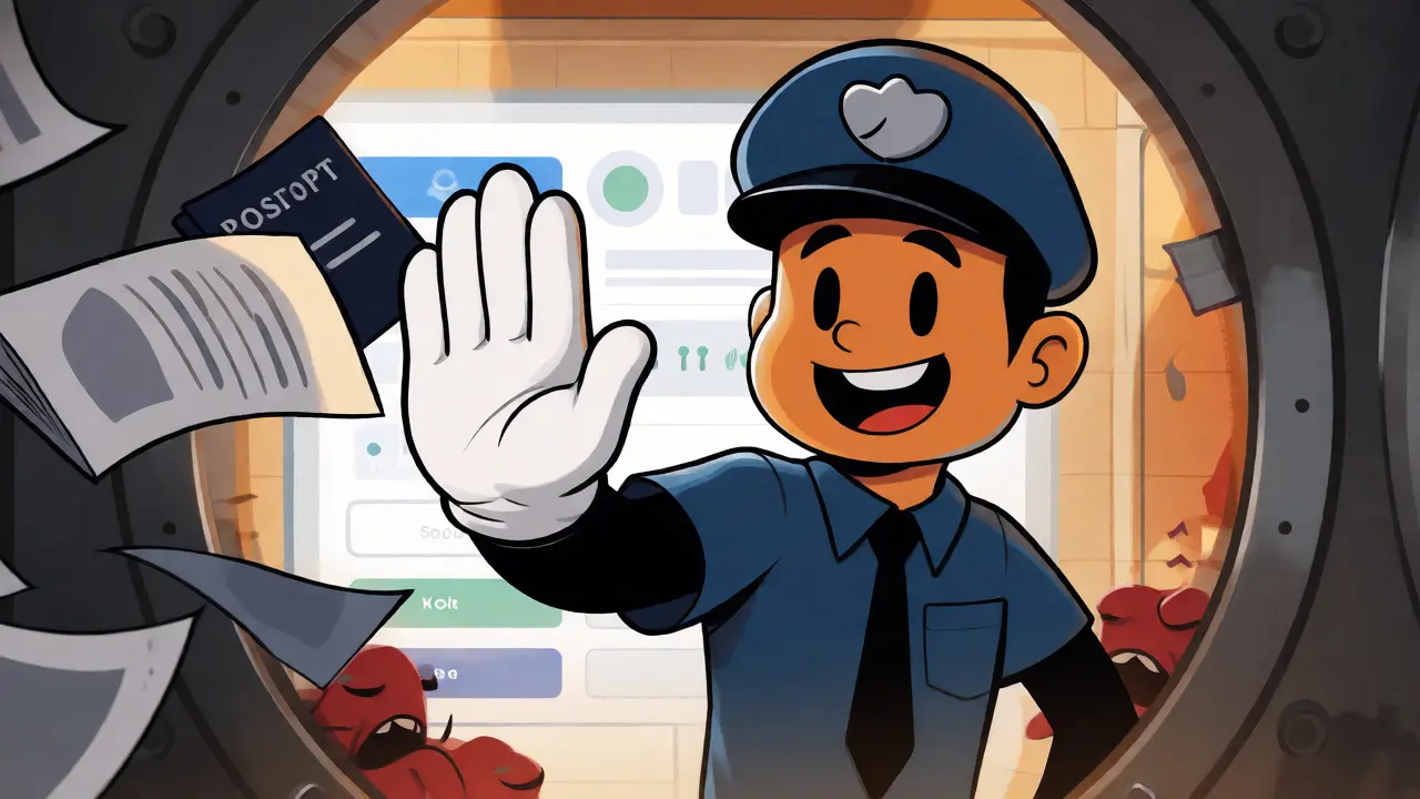 Guard blocking KYC papers at secure DEX vault entrance