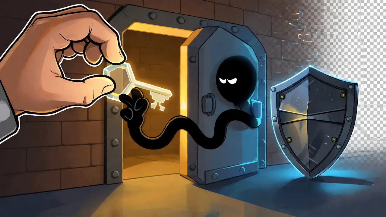Illustration of a hand holding a digital key near a vault, guarded by a shield and shadowy thief.
