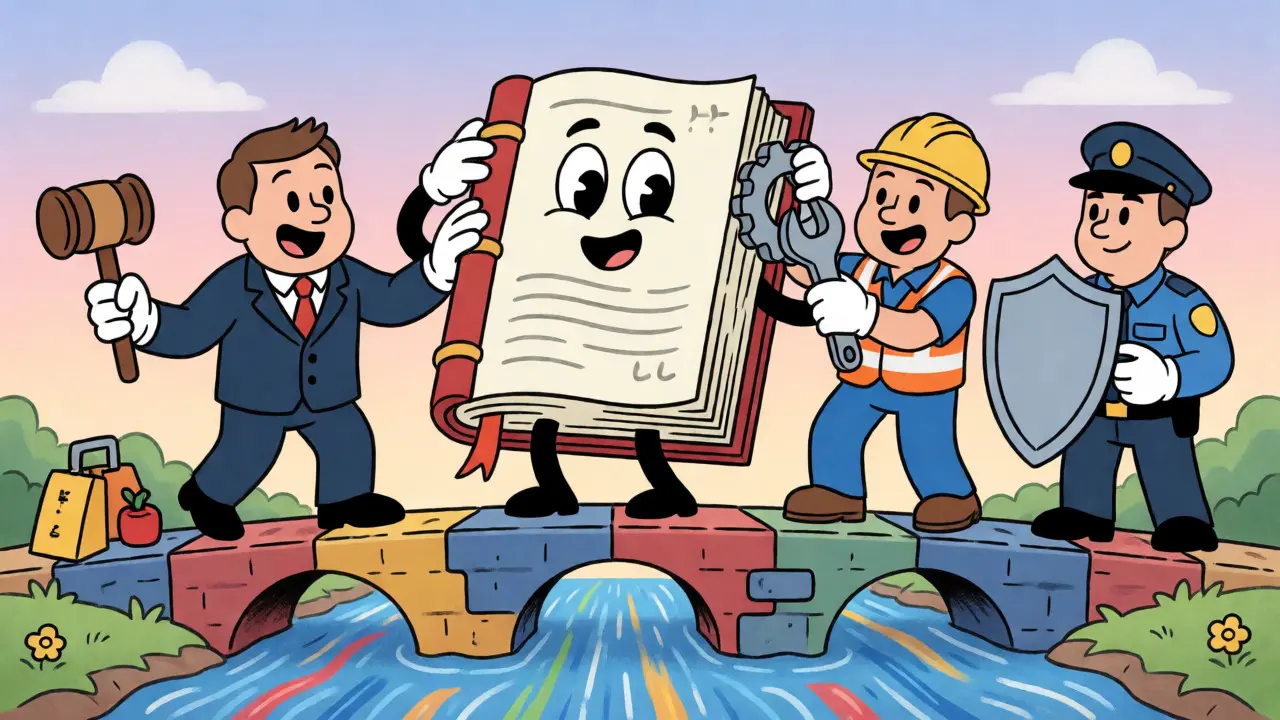 Lawyer, developer, and guard tending to an animated ledger book on a data stream bridge.