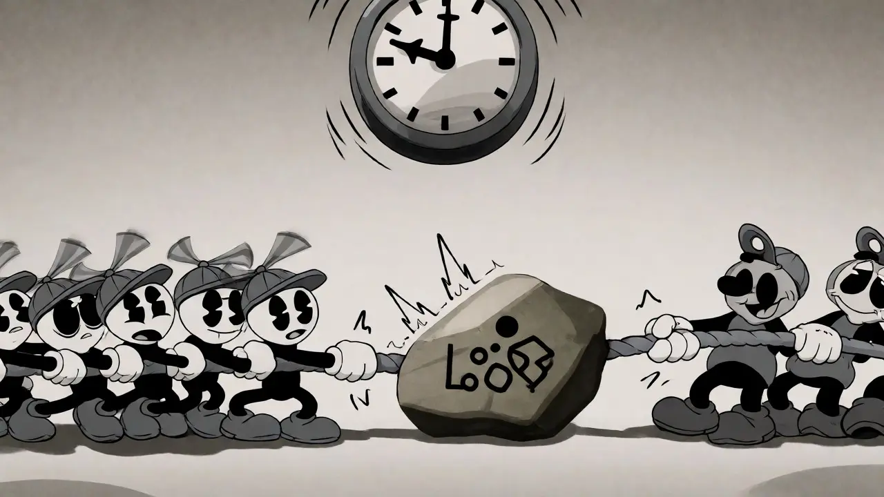 Miners engaged in a cartoon tug-of-war over a heavy difficulty block.