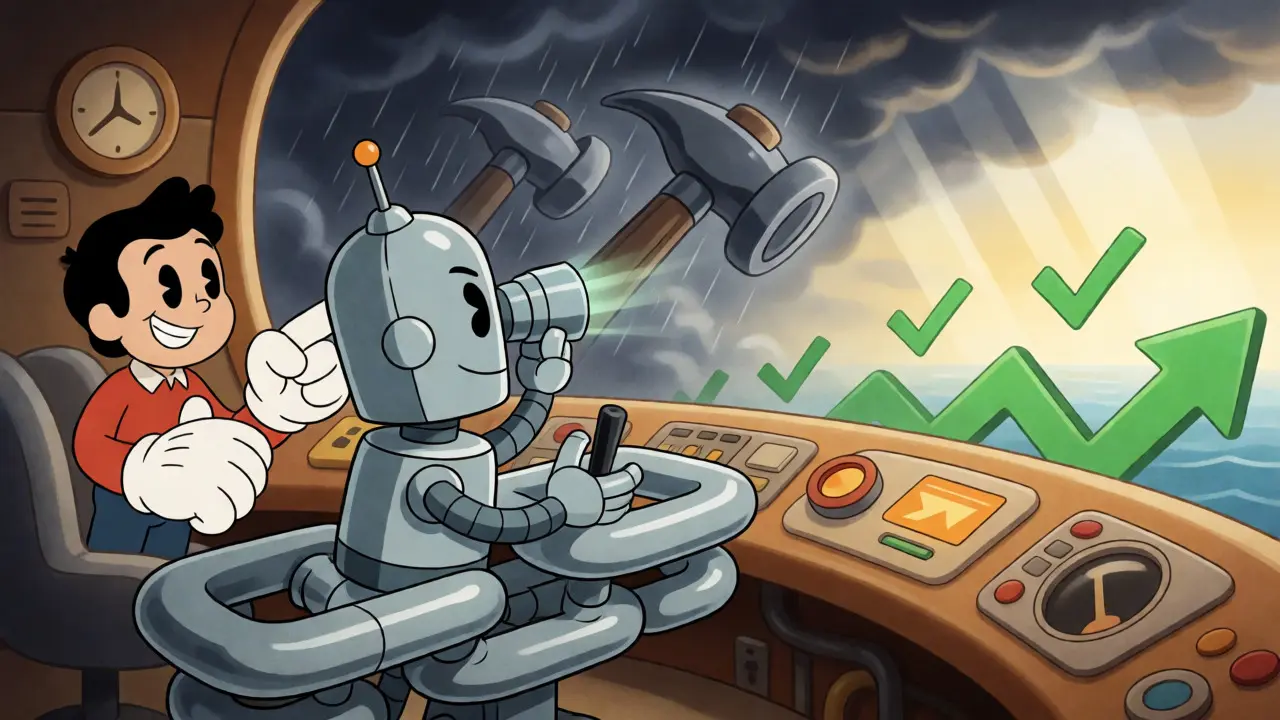 Robot and human navigating a blockchain ship through regulatory storms toward a bright future.
