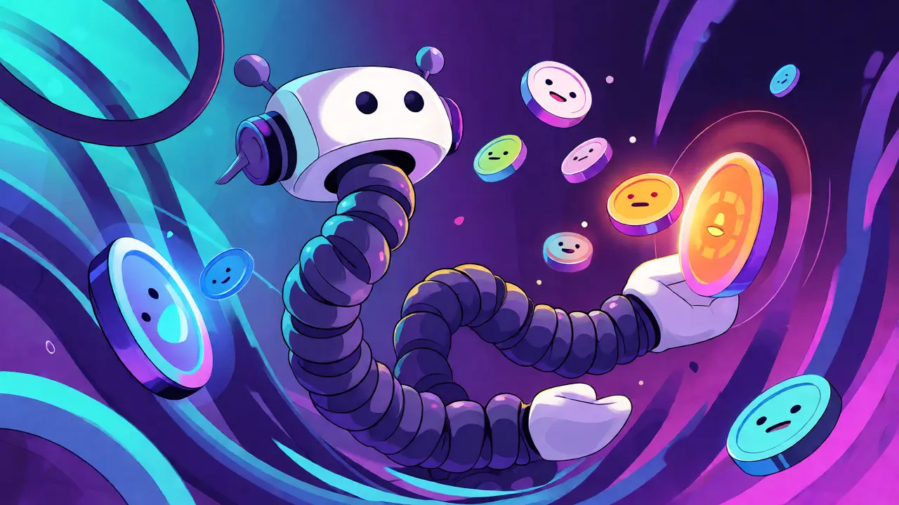 Robot character swapping tokens between glowing portals on a digital path
