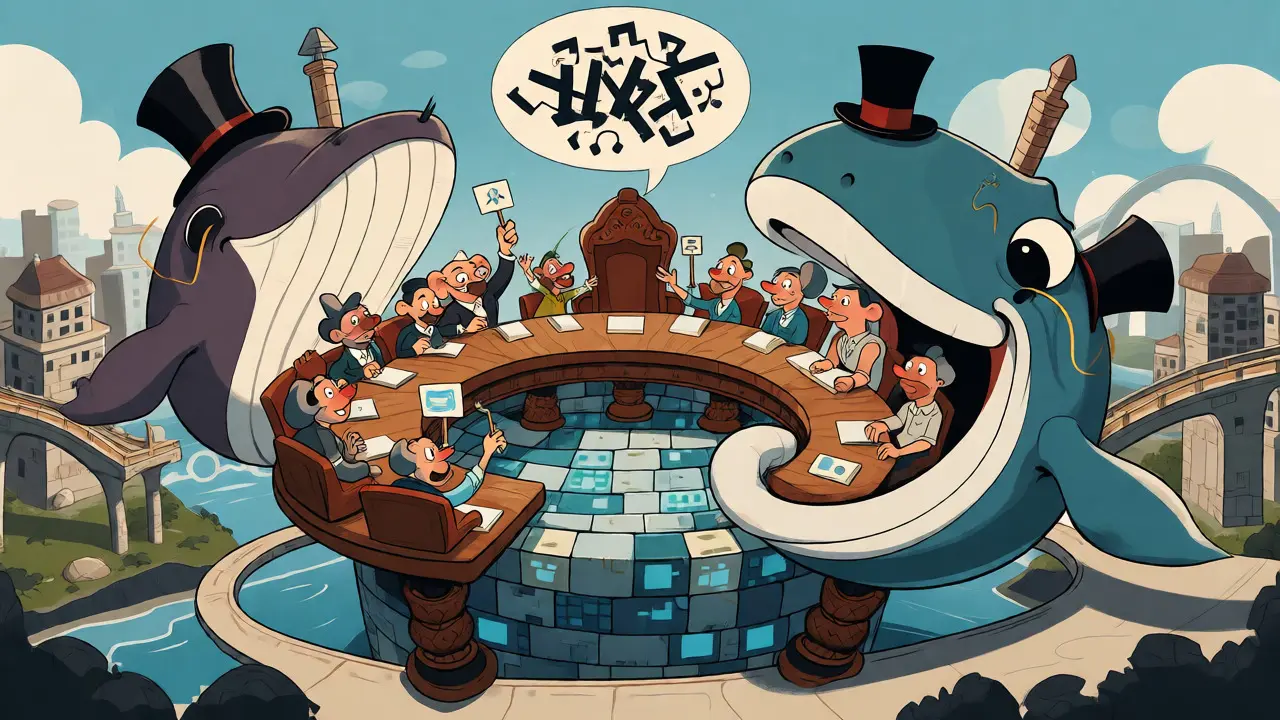 Rubber hose animation style depicting whale dominance in decentralized governance meetings.