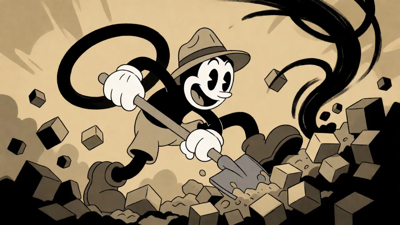 Rubber hose animator digging for invisible ink clues in digital blocks