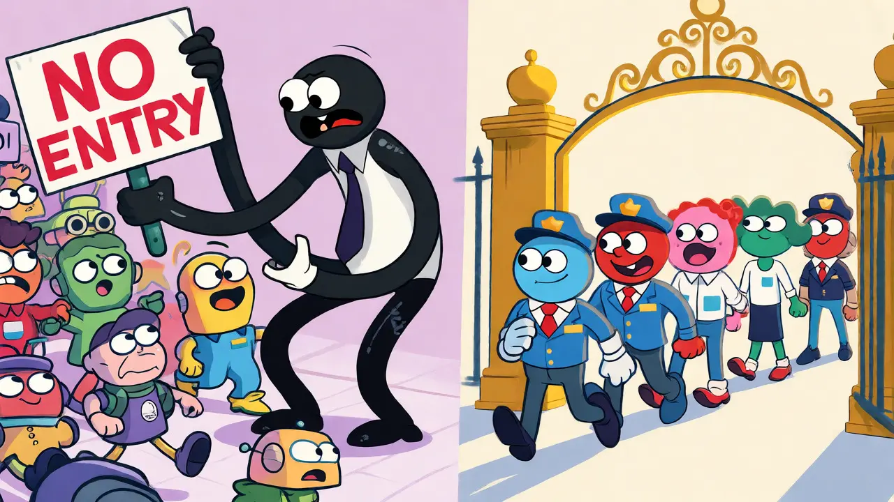 Rubber hose style showing banks entering while startups are blocked