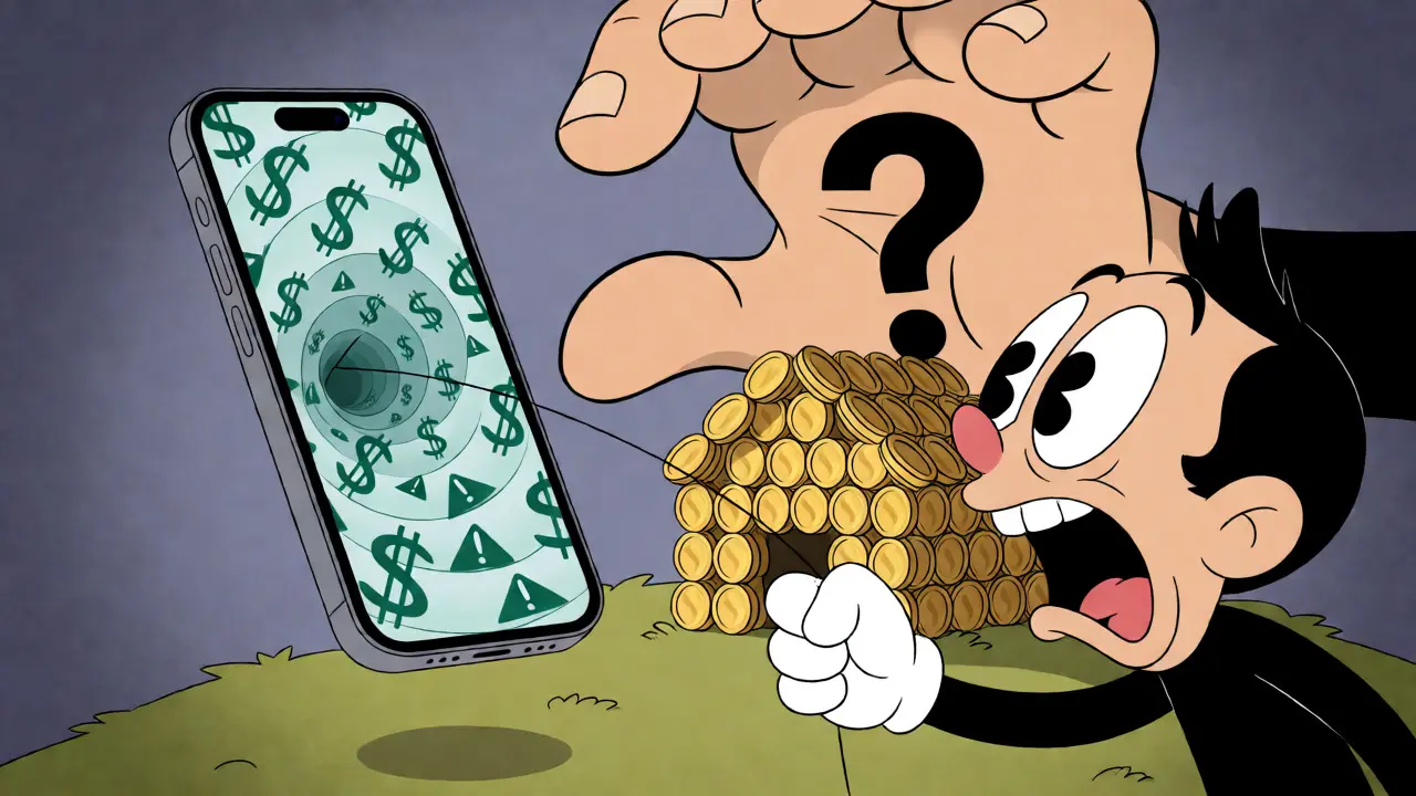 Scared cartoon character clinging to a phone amid financial chaos