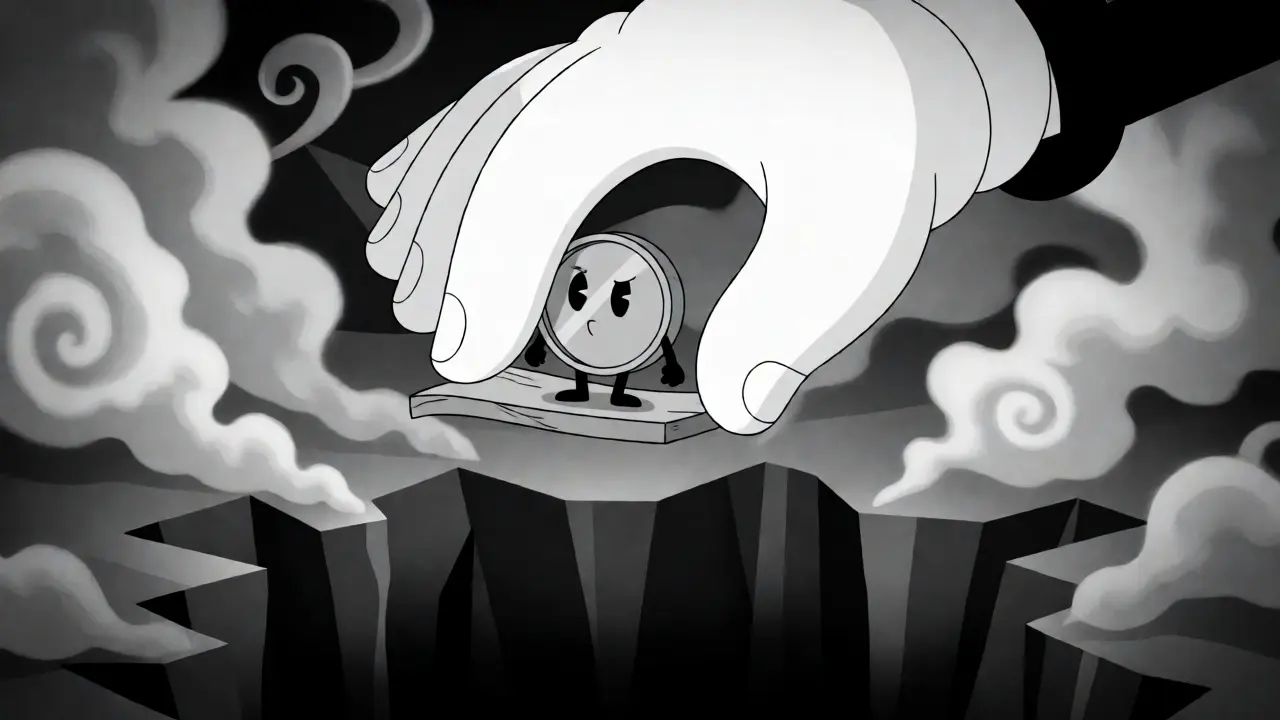 Small cartoon coin balancing on a plank above an abyss