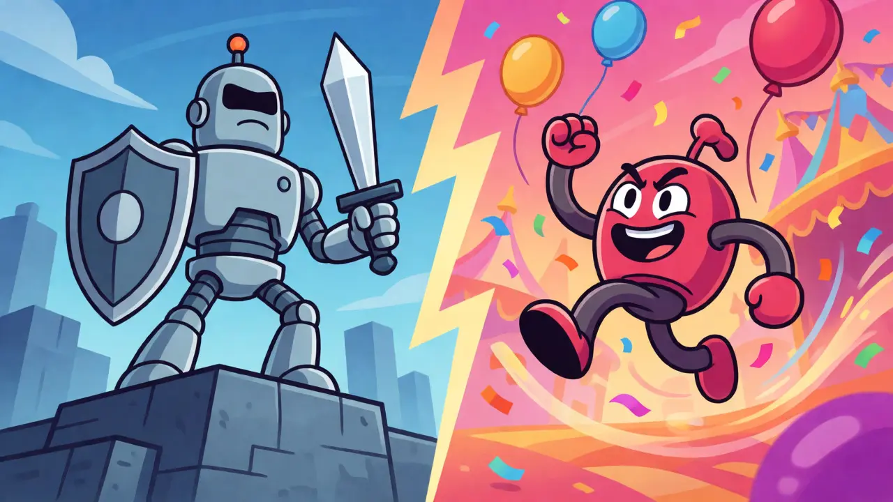Split-screen cartoon contrasting a sturdy robot infrastructure with a chaotic carnival.
