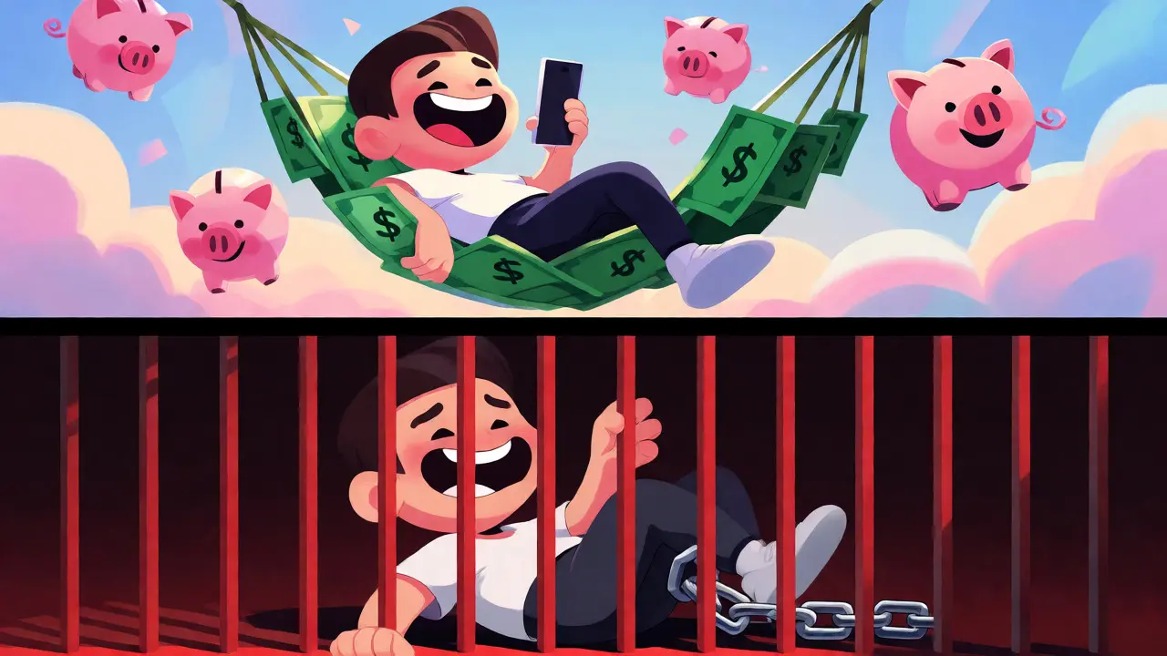 Split-screen cartoon contrasting relaxed legal crypto investing with penalized evasion.