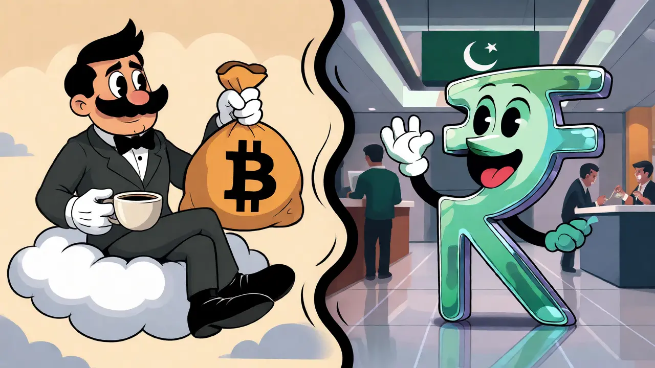 Split screen contrasting restricted Bitcoin holding with free-flowing Digital PKR usage.