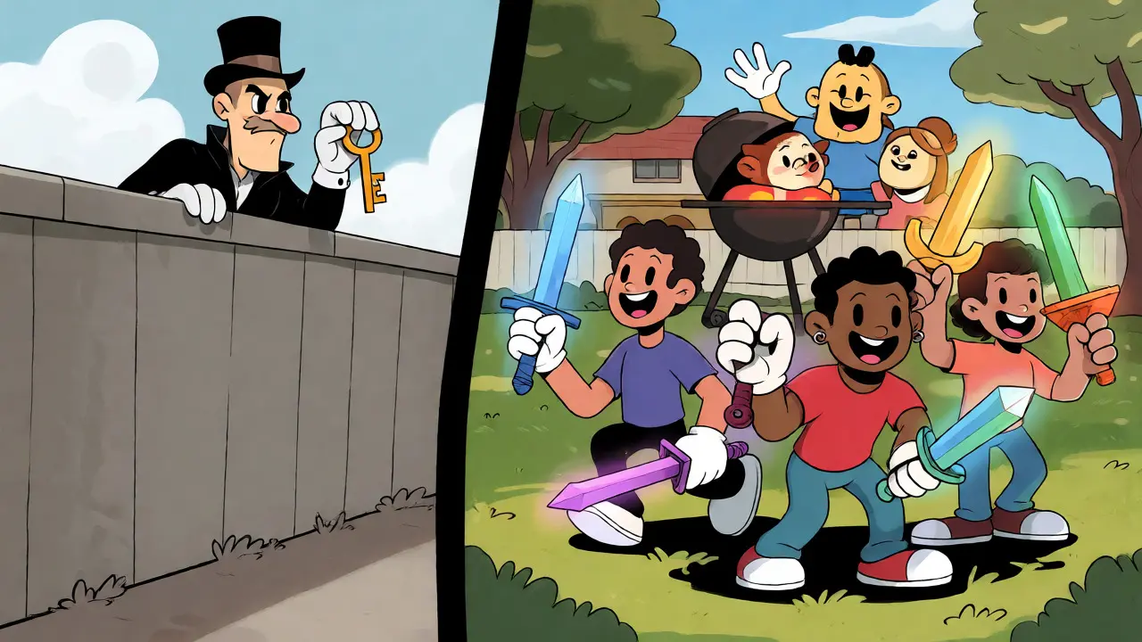Split screen showing restrictive corporate gaming versus free player-owned asset cartoons.