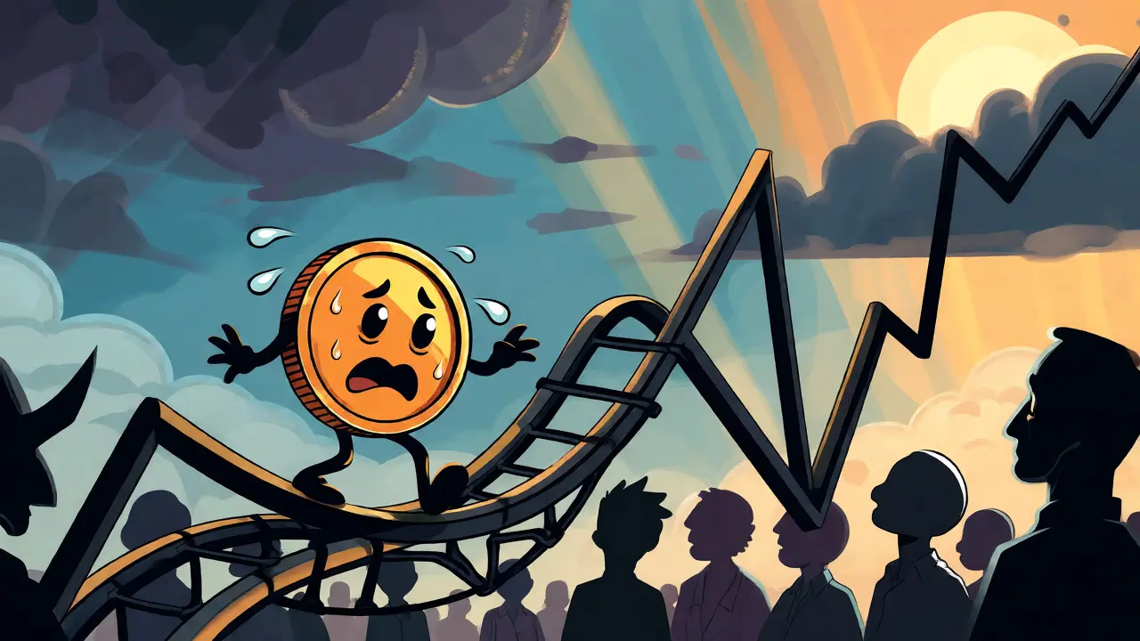 Token character riding a volatile zig-zag graph line in a stormy setting