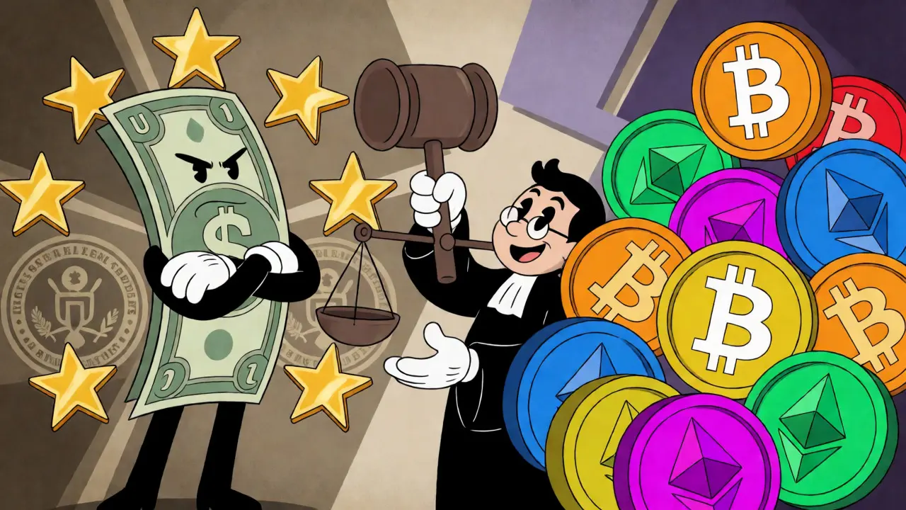 US Dollar character dominates over chaotic crypto coins in a courtroom scene.