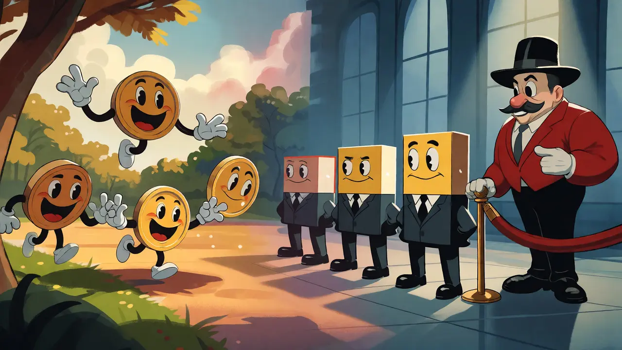 Utility tokens playing freely versus security tokens lined up behind a gate in a split-scene cartoon.