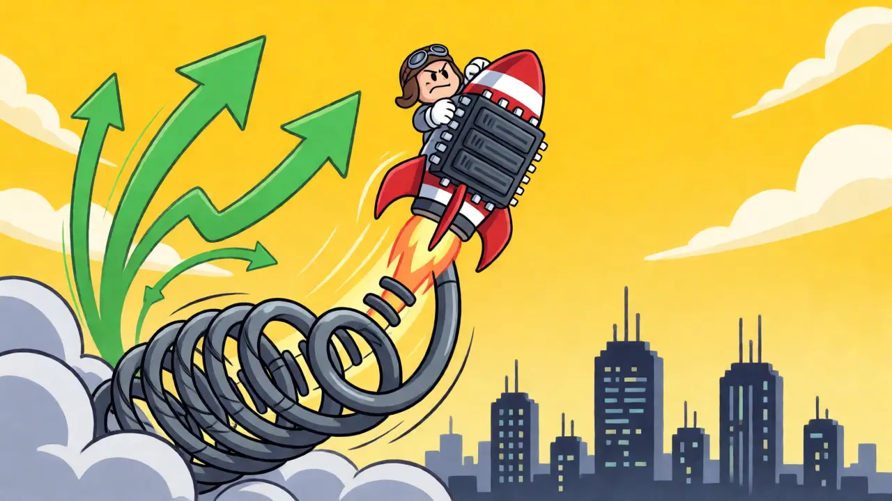 Vintage cartoon rocket with three springs launching upwards, symbolizing 3x leveraged market growth.
