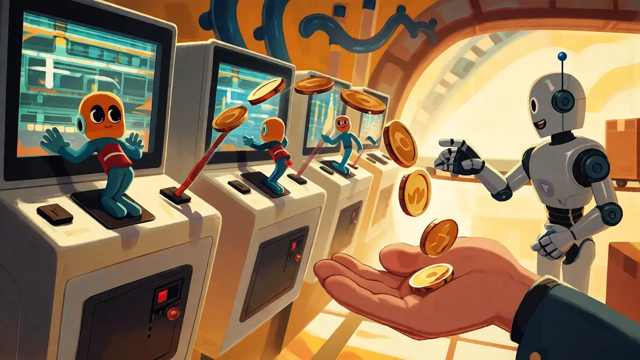 Whimsical arcade scene with flying coins representing low-cost micro-transactions.