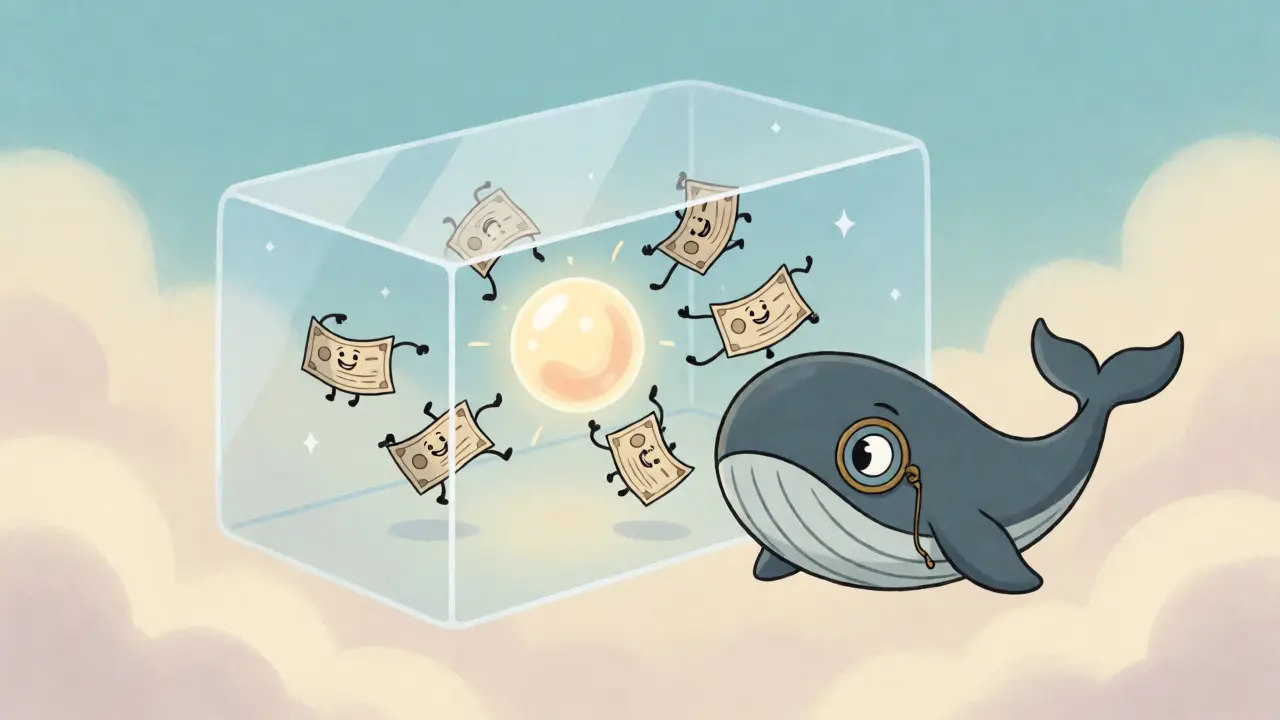 Whimsical vault containing dancing stock certificates with a watching whale