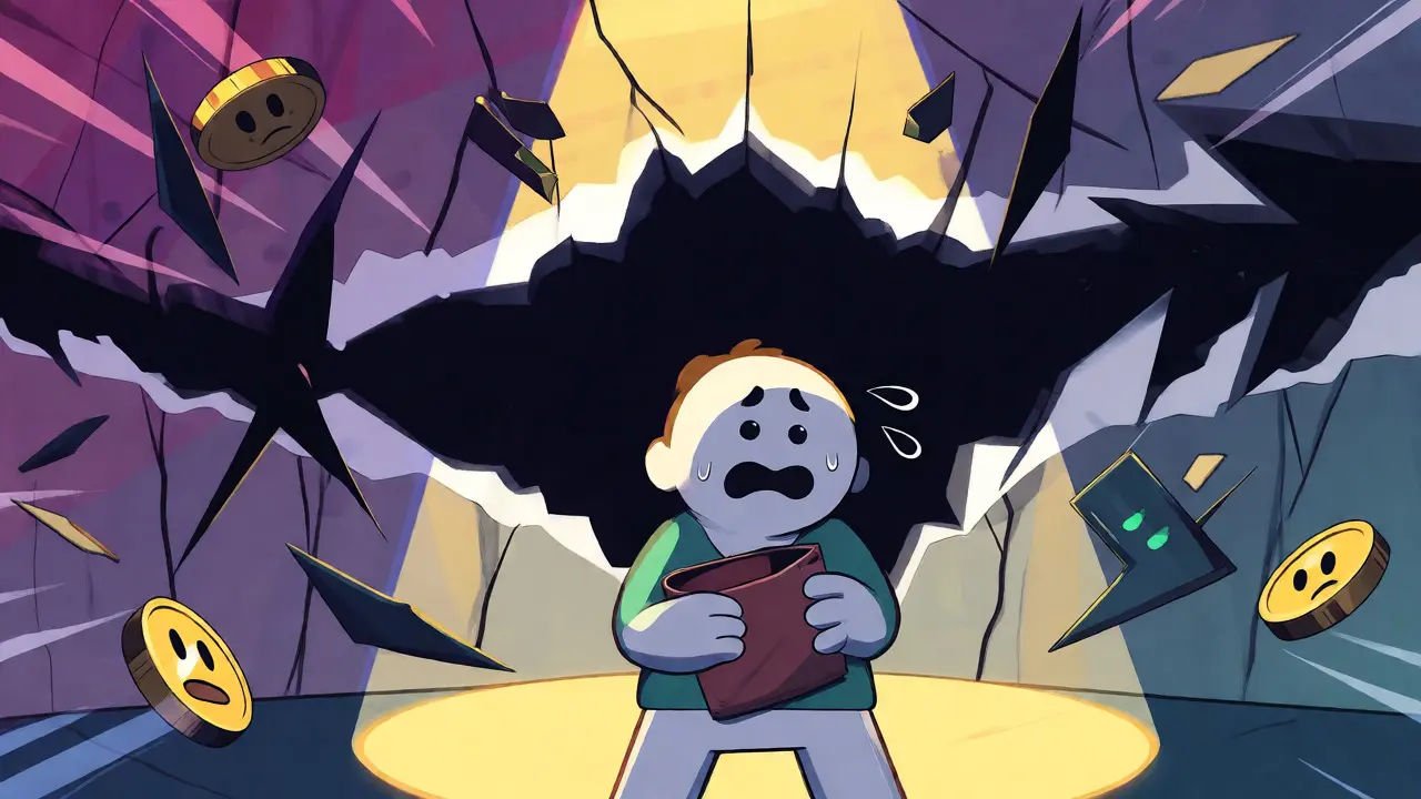 Worried cartoon figure facing a glitch representing DeFi risks