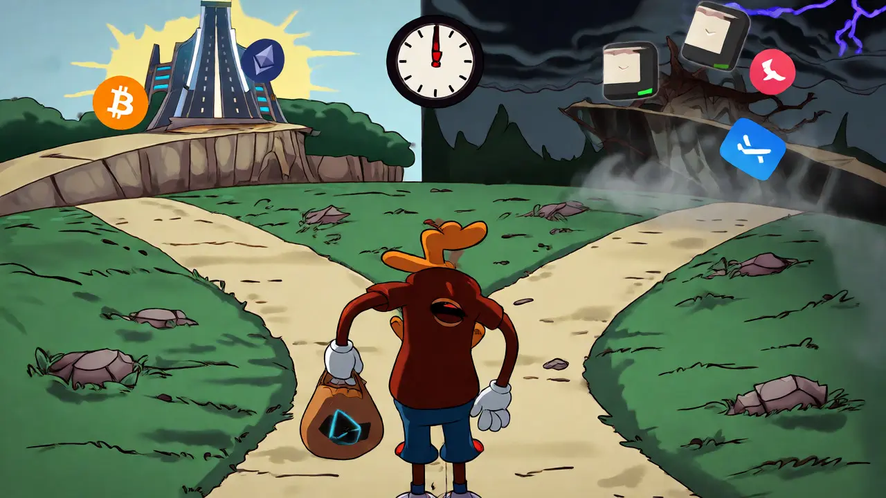 A cartoon investor standing at a fork in the road choosing between selling or self-custody for crypto.