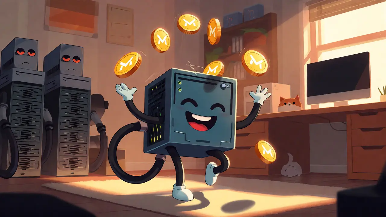 A happy CPU character juggling XMR coins in a cozy home office setting.