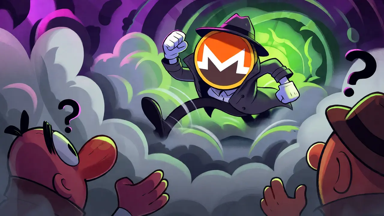 A masked Monero character disappearing into mist while detectives look confused.