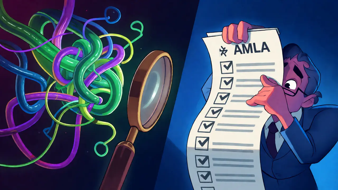 A regulator struggling to untangle a complex knot of privacy coin transactions with a magnifying glass.